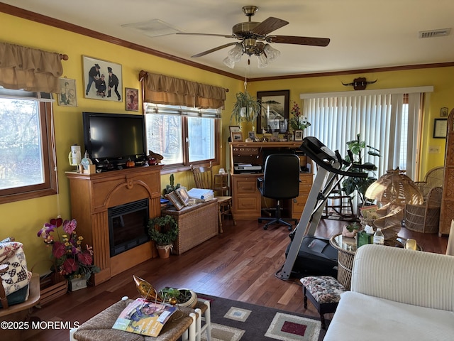 living room with dark hardwood / wood-style flooring, ceiling fan, and crown molding