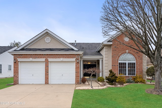 traditional home featuring brick siding, roof with shingles, concrete driveway, an attached garage, and a front yard