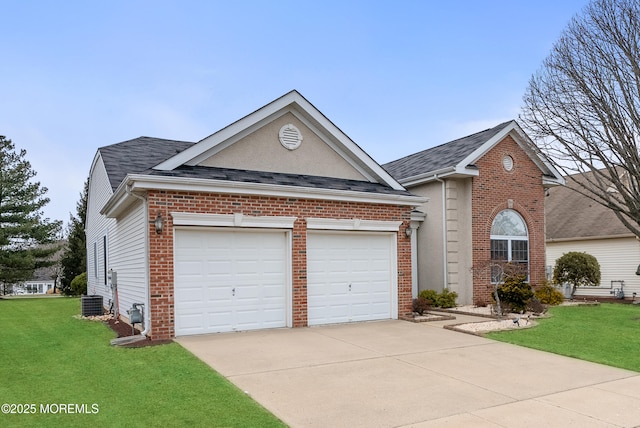 view of front facade with an attached garage, brick siding, a shingled roof, concrete driveway, and a front lawn