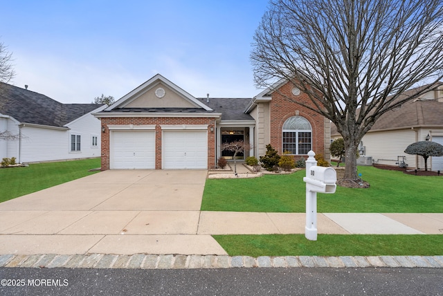 view of front of home with a garage, brick siding, a shingled roof, concrete driveway, and a front yard