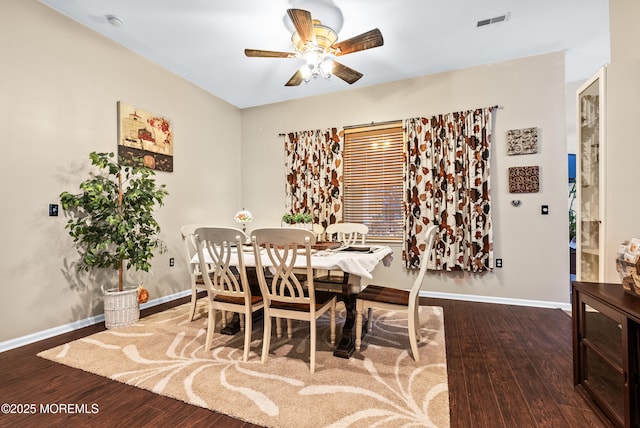 dining area featuring wood finished floors, visible vents, and baseboards