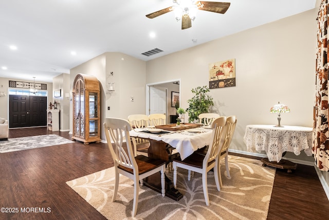 dining room featuring recessed lighting, visible vents, baseboards, and wood finished floors