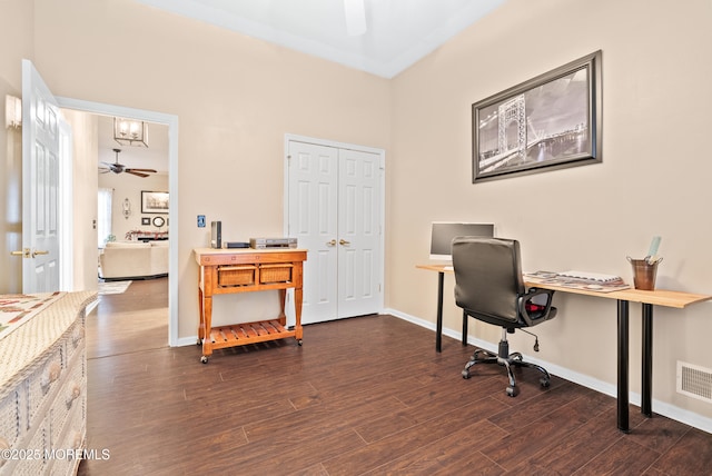 home office with dark wood-style floors, ceiling fan, visible vents, and baseboards