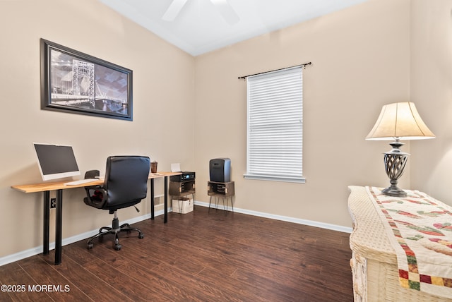 office space featuring ceiling fan, baseboards, and wood finished floors