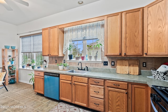 kitchen featuring plenty of natural light, gas stove, dishwasher, and a sink