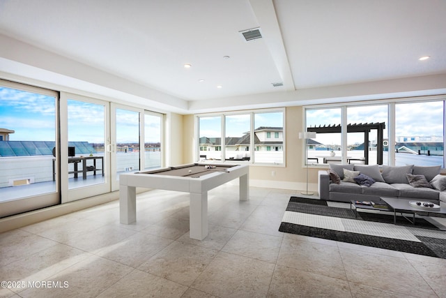 playroom featuring recessed lighting, visible vents, billiards, and baseboards