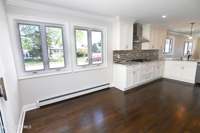 kitchen featuring wall chimney exhaust hood, sink, a baseboard radiator, pendant lighting, and decorative backsplash