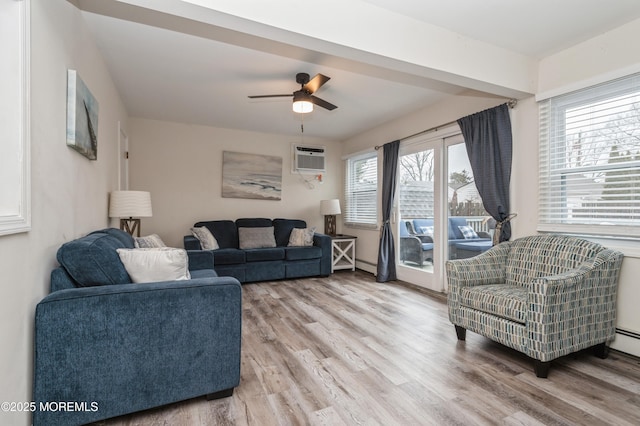 living room featuring hardwood / wood-style flooring, ceiling fan, a wall unit AC, and baseboard heating