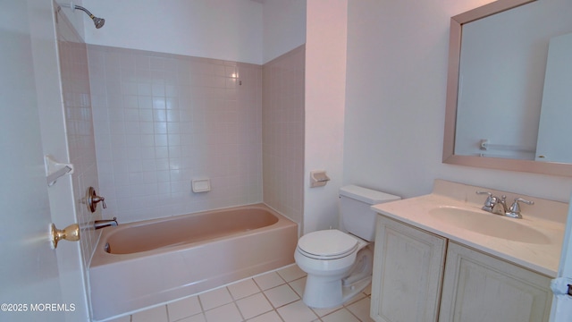 full bathroom featuring shower / tub combination, tile patterned floors, toilet, and vanity