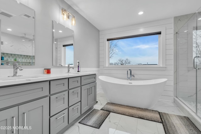 bathroom featuring vanity, plenty of natural light, and plus walk in shower