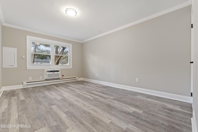 empty room with a wall mounted air conditioner, crown molding, a baseboard radiator, and light wood-type flooring