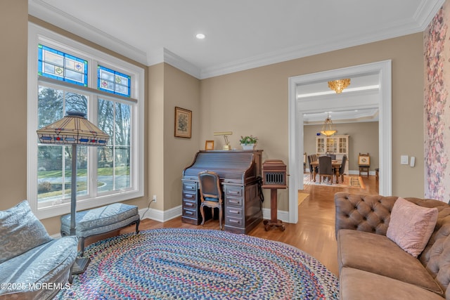 interior space with ornamental molding and wood-type flooring