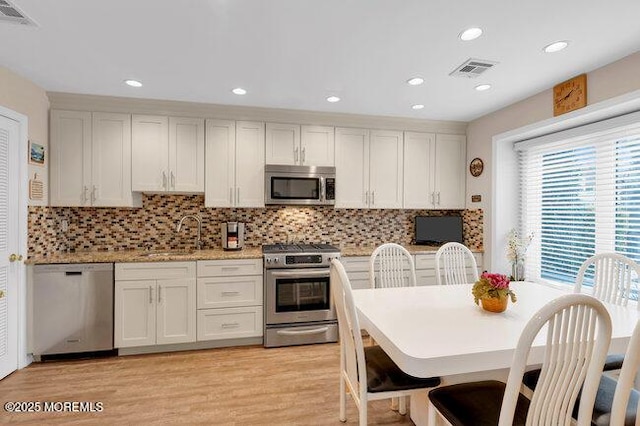 kitchen featuring appliances with stainless steel finishes, white cabinets, a sink, and visible vents