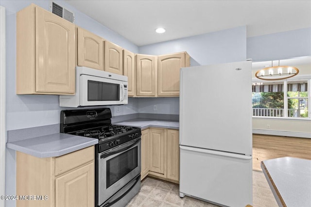 kitchen featuring a baseboard heating unit, white appliances, a notable chandelier, and light brown cabinets