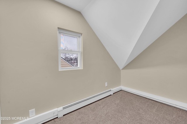 bonus room featuring lofted ceiling, carpet flooring, and baseboard heating