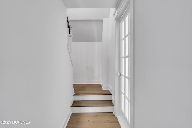 stairs with hardwood / wood-style flooring