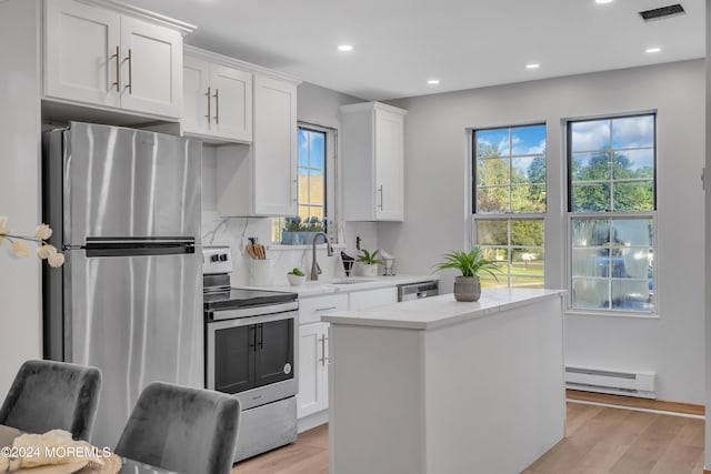 kitchen with a kitchen island, appliances with stainless steel finishes, white cabinets, baseboard heating, and light hardwood / wood-style flooring