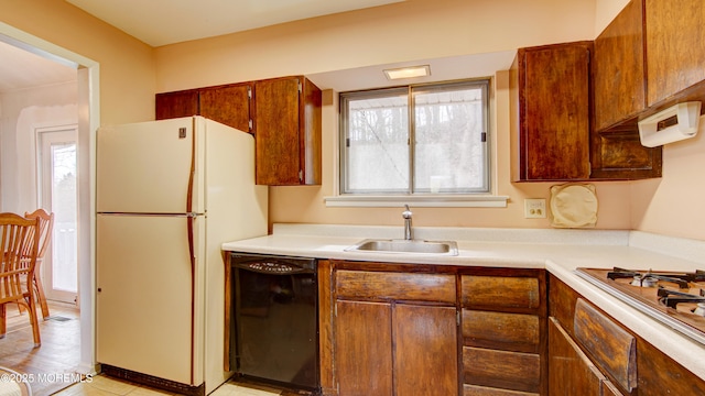 kitchen with black dishwasher, stainless steel gas cooktop, light countertops, freestanding refrigerator, and a sink