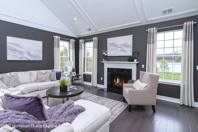 living room with vaulted ceiling and dark wood-type flooring