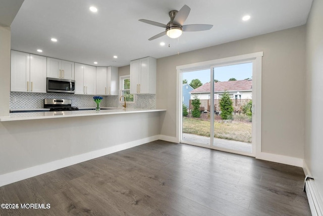 kitchen featuring white cabinetry, tasteful backsplash, dark hardwood / wood-style floors, and appliances with stainless steel finishes