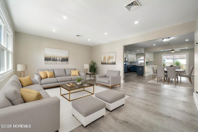 living room with light hardwood / wood-style flooring