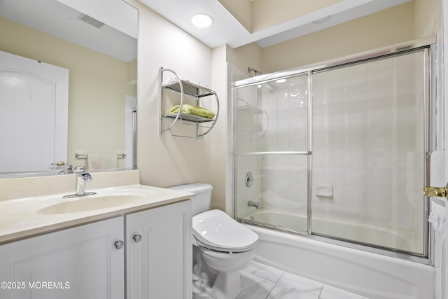 full bath featuring toilet, visible vents, combined bath / shower with glass door, and vanity