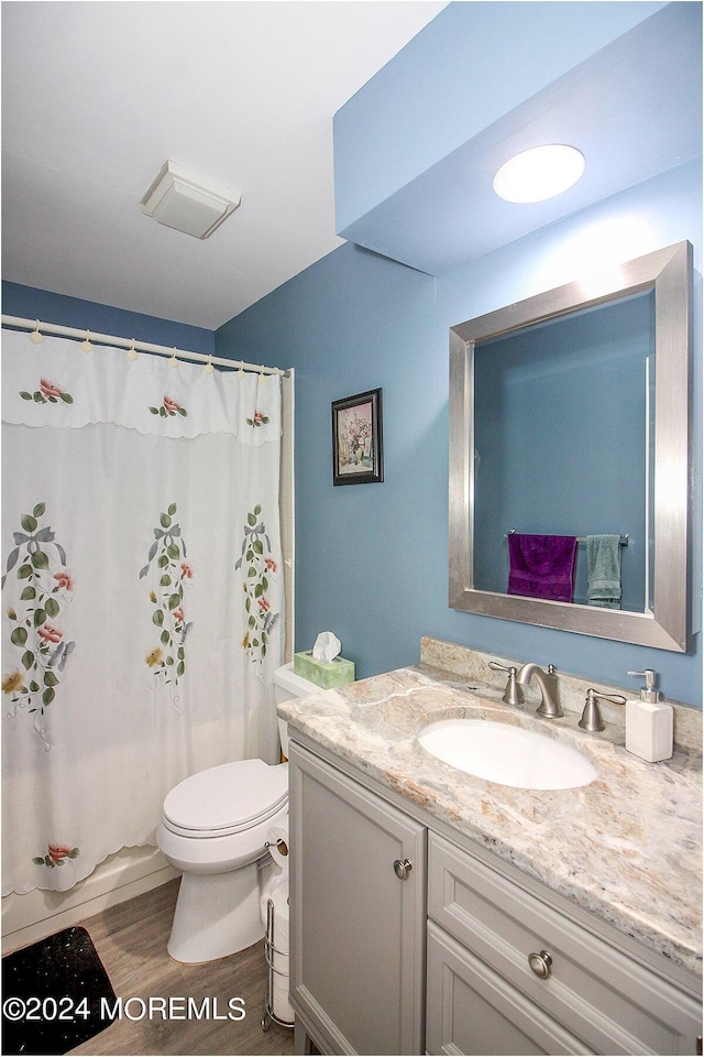 bathroom featuring vanity, toilet, and wood finished floors