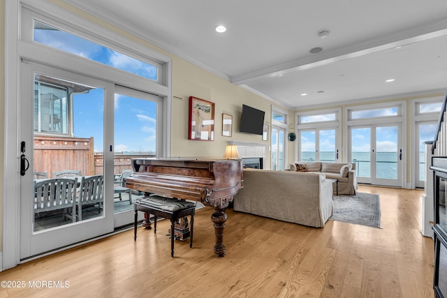 living area with light wood finished floors, ornamental molding, a tiled fireplace, and recessed lighting