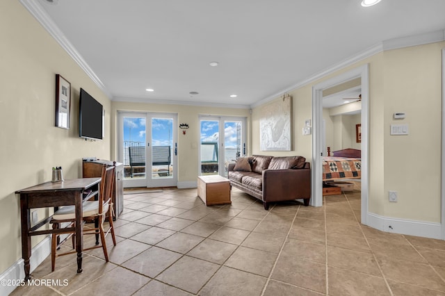 living area with light tile patterned floors, baseboards, ornamental molding, and recessed lighting