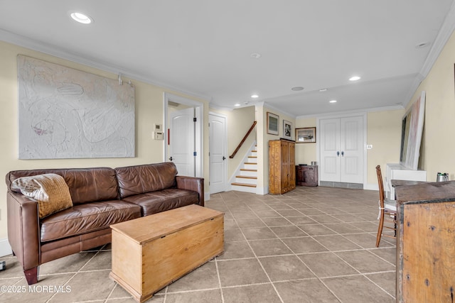 living area with ornamental molding, recessed lighting, and stairway