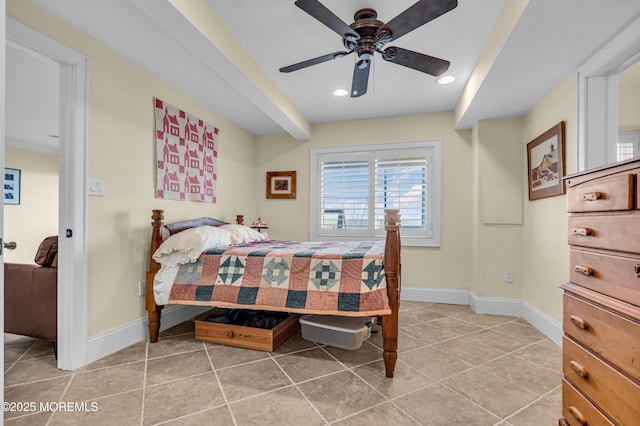 bedroom featuring a ceiling fan, recessed lighting, light tile patterned flooring, and baseboards