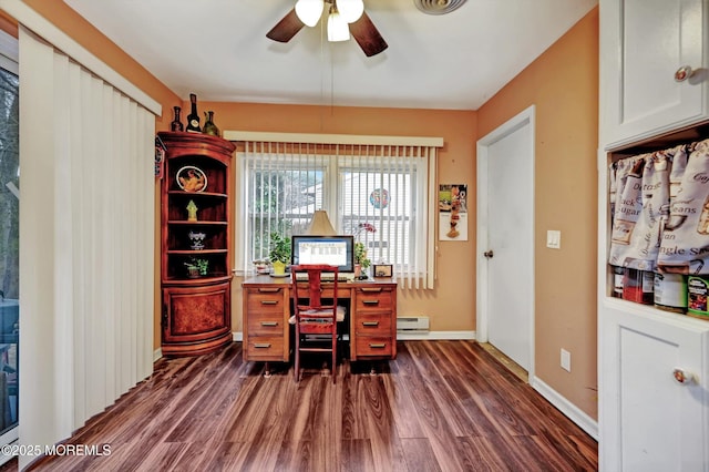 office area featuring baseboard heating, ceiling fan, and dark hardwood / wood-style flooring