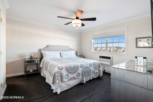 carpeted bedroom with an AC wall unit, ceiling fan, and crown molding