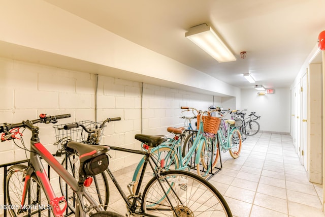 garage featuring concrete block wall and bike storage