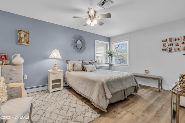 bedroom featuring ceiling fan, light hardwood / wood-style floors, and a baseboard heating unit