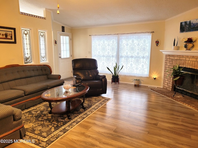 living room with crown molding, hardwood / wood-style flooring, a fireplace, and a textured ceiling