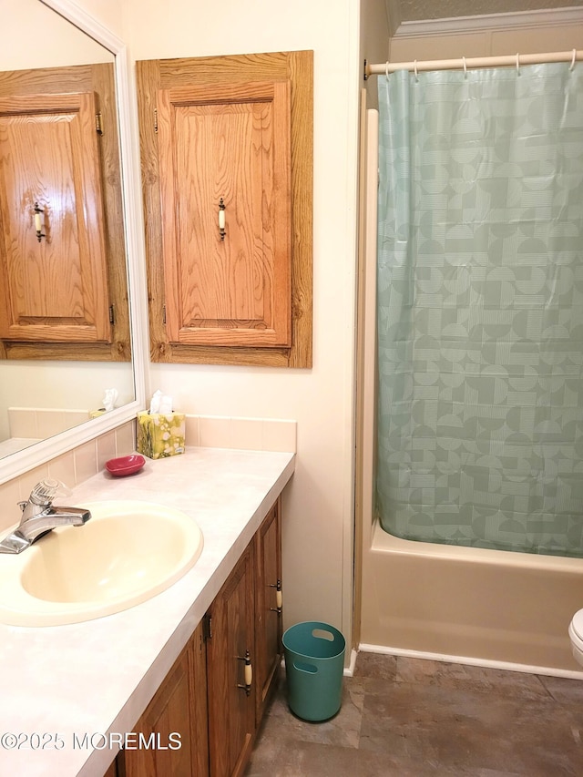 bathroom with vanity and shower / bathtub combination with curtain