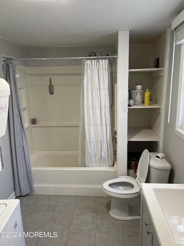 full bathroom with vanity, tile patterned flooring, toilet, and shower / tub combo with curtain