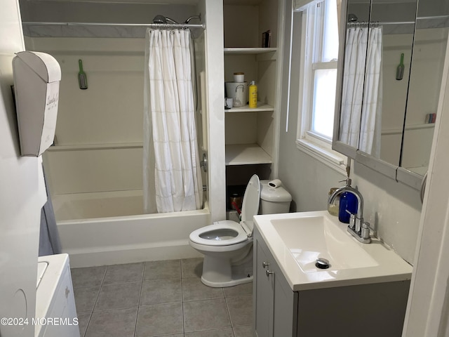 full bathroom featuring vanity, shower / tub combo with curtain, tile patterned floors, and toilet