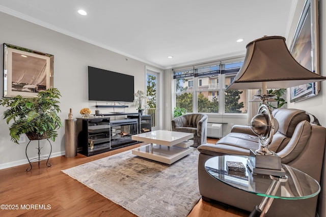 living room featuring crown molding and light hardwood / wood-style floors