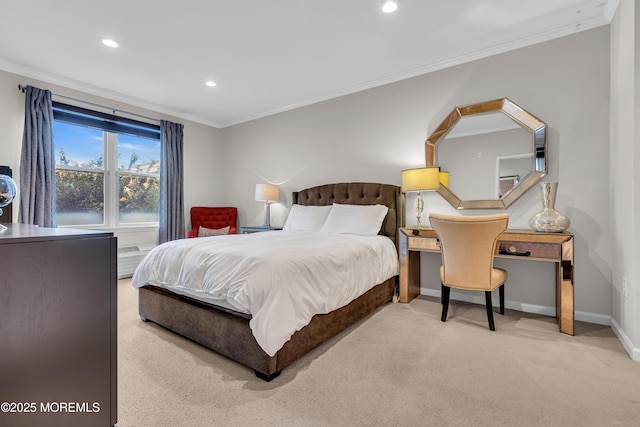 carpeted bedroom with ornamental molding