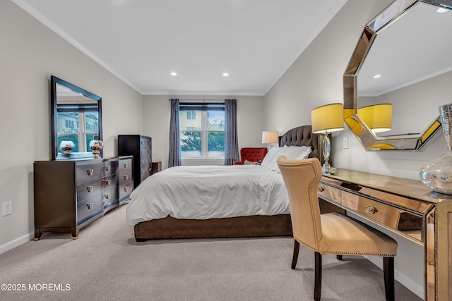 carpeted bedroom with ornamental molding