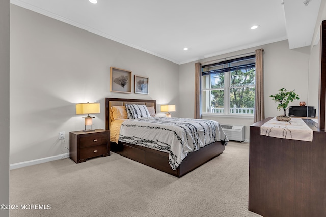 bedroom with light carpet and ornamental molding