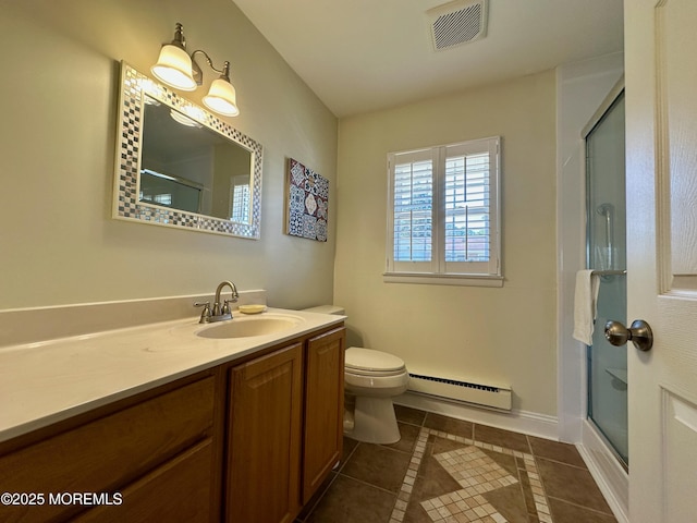 bathroom featuring a shower with door, vanity, a baseboard radiator, tile patterned floors, and toilet