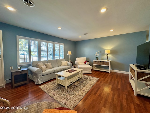 living room featuring a baseboard radiator and dark hardwood / wood-style flooring