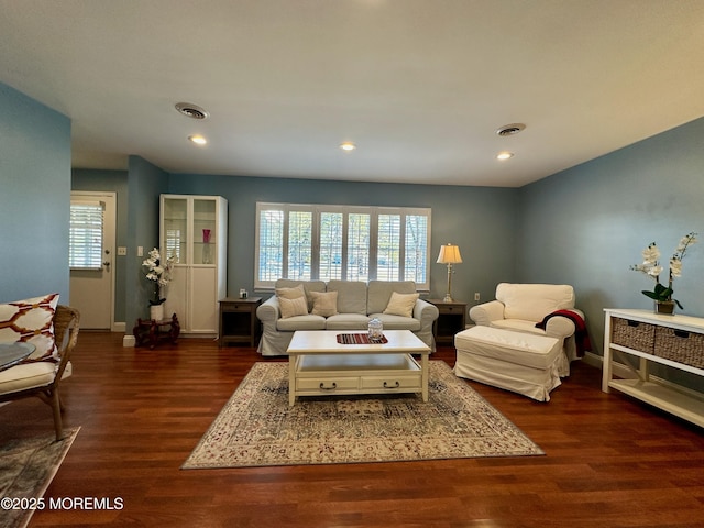 living room with dark hardwood / wood-style flooring and a wealth of natural light