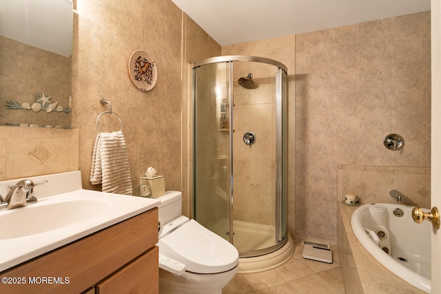 full bathroom with vanity, shower with separate bathtub, tile patterned flooring, and toilet