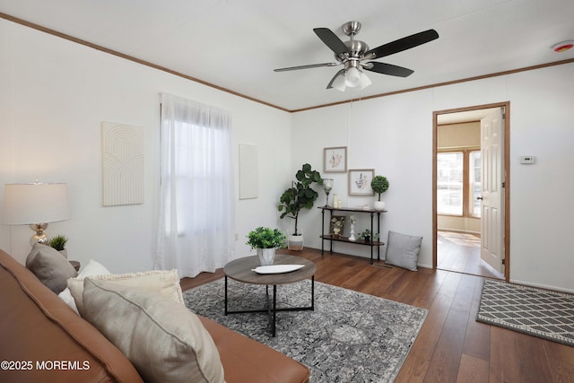 living area with ornamental molding, hardwood / wood-style flooring, and a ceiling fan