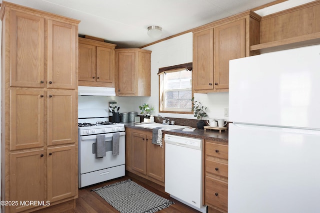 kitchen with dark wood-style flooring, dark countertops, a sink, white appliances, and under cabinet range hood