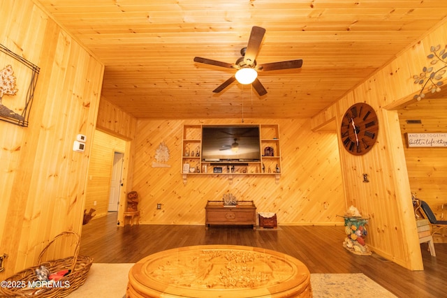 living room featuring wood-type flooring, wood ceiling, and wood walls